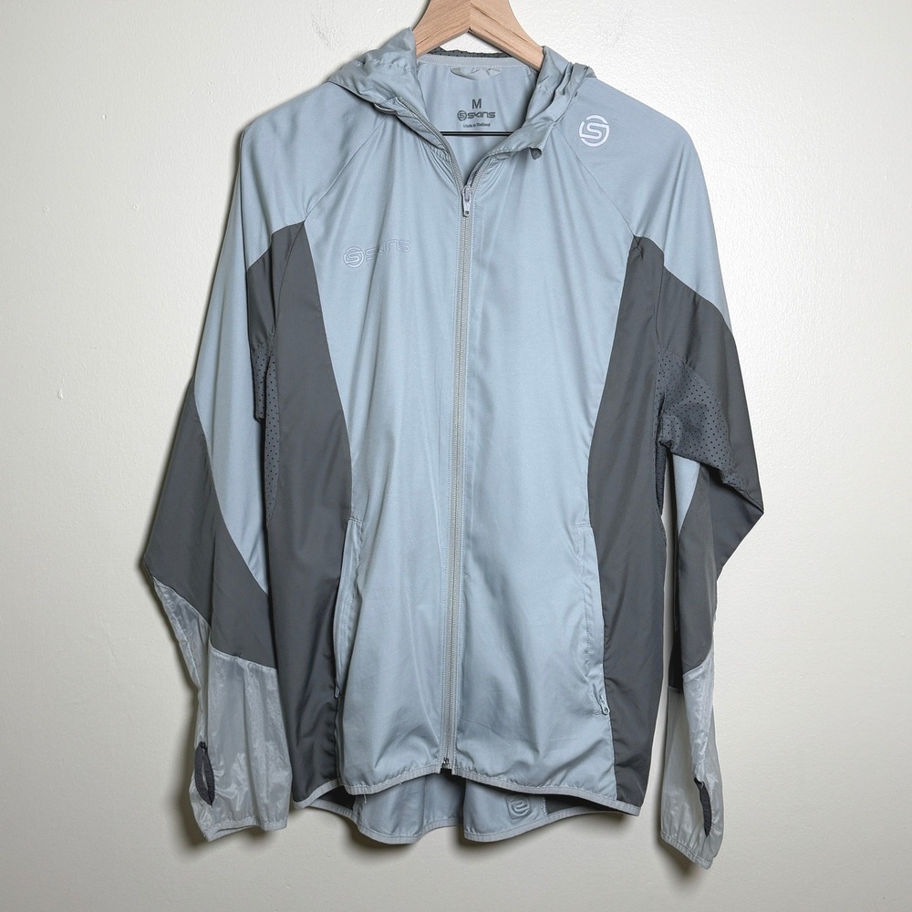 Skins Mens Hooded Running Jacket Grey Full Zip Windbreaker Thumbholes Size‎ M